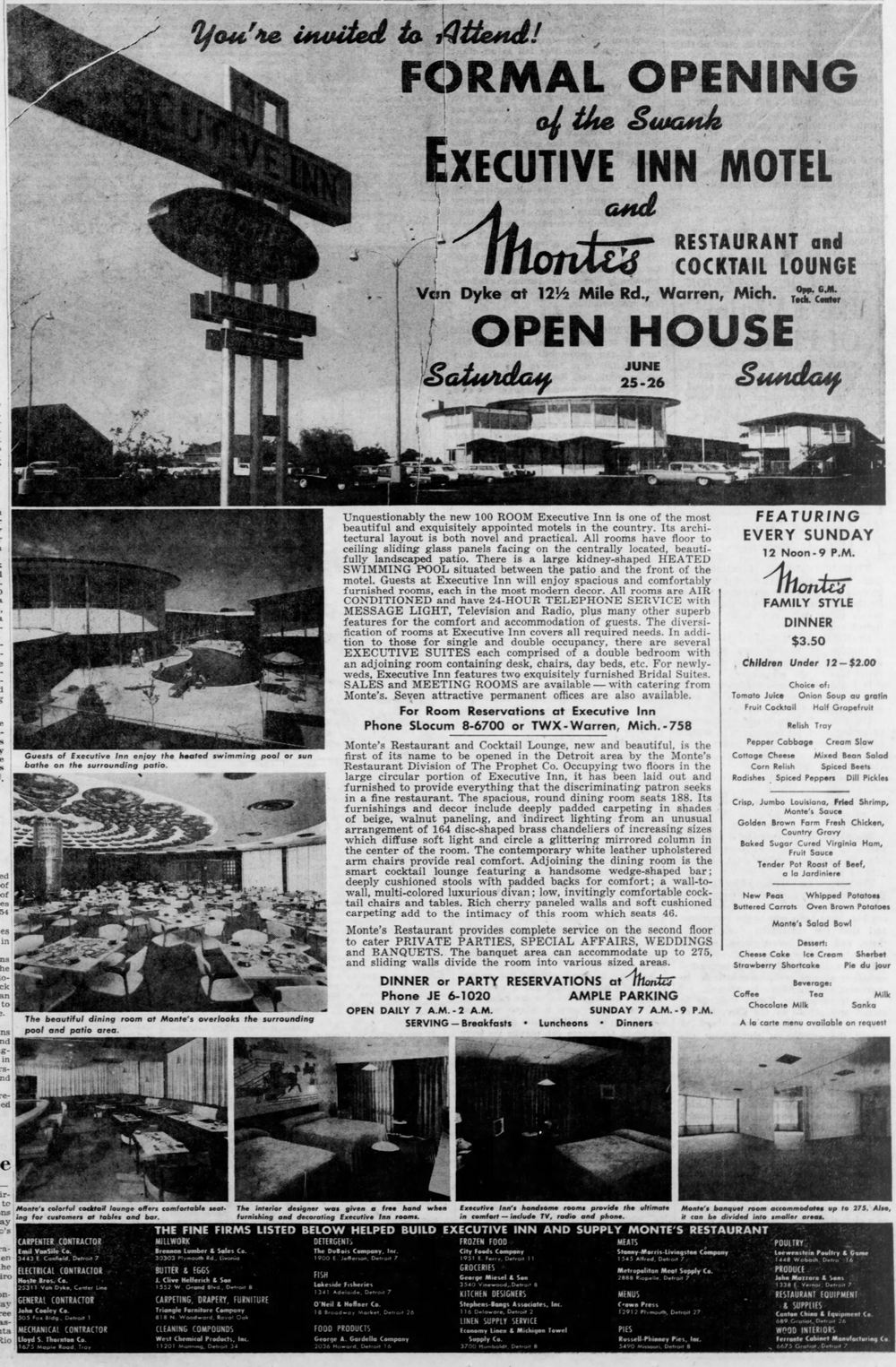 Executive Inn Motel - June 1960 Full Page Opening Announcement (newer photo)